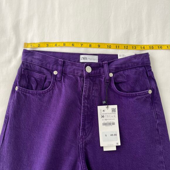 Zara NWT High-Rise Full Length Wide Leg Raw Hem Purple Denim Jeans, Size 4 - Picture 11 of 15